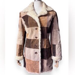 STATIC Patchwork Suede Leather Penny Lane Sherpa Coat Jacket Neutral Brown Tan M